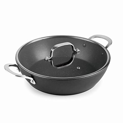 Lacor - 27034 - Cacerola baja con tapa EASY Ø 24 cm, Aluminio forjado, Recubrimiento antiadherente TRIcapa, Fondo Full Induction, Asa de Acero Inox, Tapa de Vidrio Templado, Ø 24 x 6,5cm, Negro