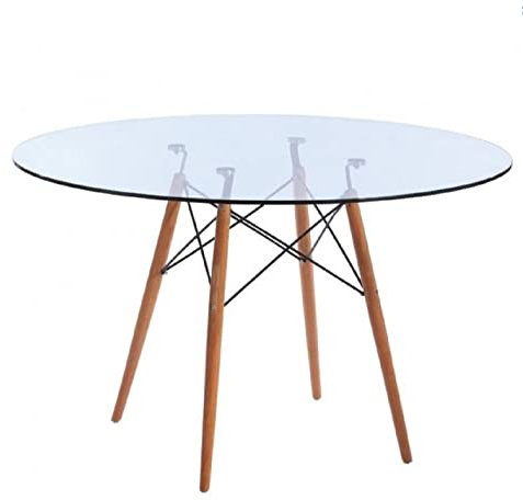 WORKOME Mesa de Diseño Redonda, Base de Madera, Tapa de Cristal Templado de 10 mm., 120 cms de Diámetro, 73 cms Altura.