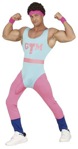 FIESTAS GUIRCA | Stretch Gymnast Kostüm für Erwachsene Männer - Overall und Gürtel - Sport- und 80er Jahre Verkleidung für Karneval, Kostümpartys und Junggesellenabschiede - Blau und Rosa