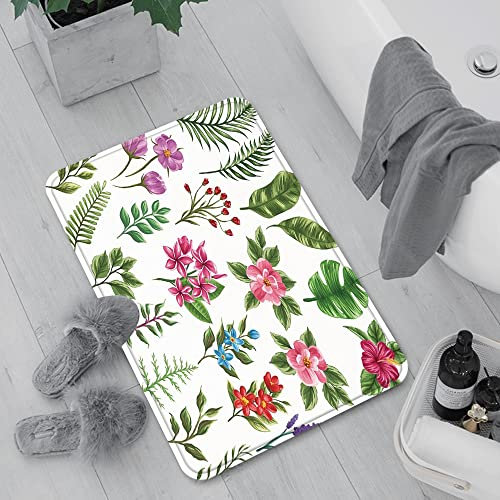 Badematte rutschfest, Badteppich für Badezimmer,Pflanze, Satz von exotischen Blumen und Farnen Botanische Elemente Flora Vielzahl von B,Waschbar Badezimmerteppich für Wohnzimmer Schlafzimmer 60x100 cm