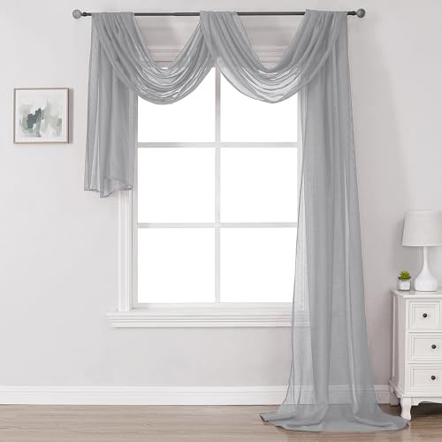 DONREN 288 Inch Length Window Scarf - Extra Long Grey Background Scarf Curtain - Soft Voile Textured Window Topper Curtain Valance for Room Decor (52 by 288 Inch,1 Pcs), (DR-BDL-01-GREY-52X288)