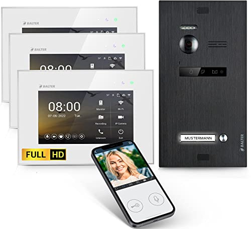 Balter EVO-HD Video Türsprechanlage, Video Türklingel, Smartphone App, 1 Familienhaus Klingel, 3X 7 Zoll HD-Monitore, Full HD-Kamera, 2 Draht Bus, Gegensprechanlage mit 175° Weitwinkel, Schwarz