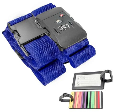 Intirilife Koffergut Gepäckgurt mit Zahlenschloss und Namensschild in Blau - 200-100 x 5 cm / 145-171 x 5 cm - Gepäckband mit Kofferanhänger und TSA-Zahlenschloss