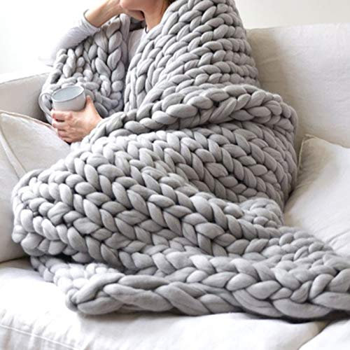 Generisch Grobe Decke, gestrickte Kuscheldecke, hellgrau, klobige Wolldecke, gestrickte Decke, 6 cm breit, gestrickte Tagesdecke, Überwurf, Sofadecke, Heimdekoration, Geschenk, 80 x 100 cm