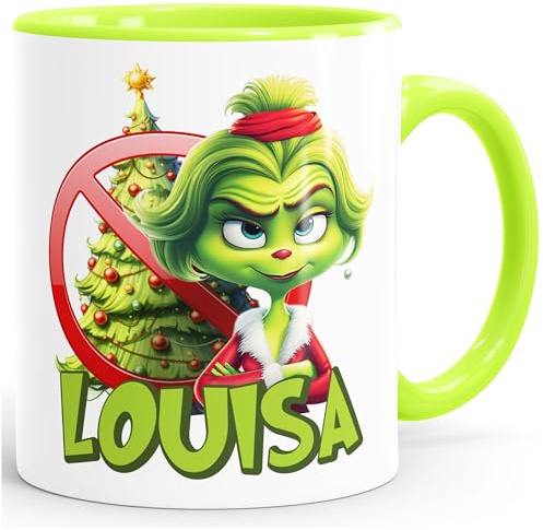 MoonWorks® Kaffee-Tasse Weihnachtsnörgler Weihnachtstasse Mann Frau Paar mit Namen personalisierbar Geschenk lustig Weihnachtsmuffel Weiss-innen-hellgruen standard