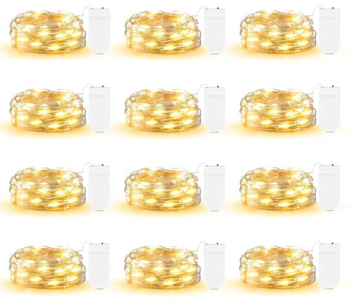ZAIYW Paquete de 12 luces de hadas a batería de 2 m, 20 luces LED de alambre plateado, impermeables, para tarros de masón, bricolaje, fiesta, boda, Navidad, decoración de mesa (blanco cálido)