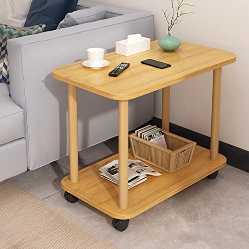 Bigougem Beistelltisch mit Rollen, 2 Stöckiger Kleiner Beistelltisch, Nachttisch Holz für Wohnzimmer, Schlafzimmer, Beistelltisch Klein, Couchtische, Teetisch, Sofatisch, 60 x 30 x 47 cm