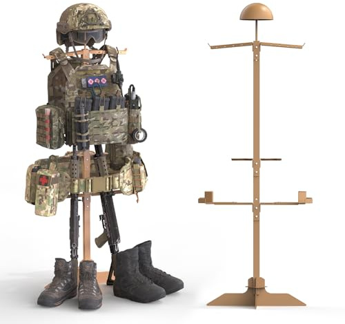 BUYYAH Tactical Military Gear Stand, Heavy Duty Tactical Gear Support Stand Helmet Vest Belt Rack, Motorcycle Helmet Holder Stand Display Organizer, Indoor Home Garage, Tan