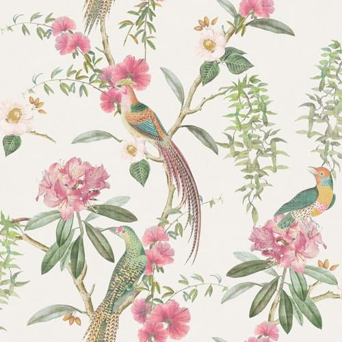 Papier peint avec des plantes de jardin exotiques, des fleurs et des oiseaux de jardin colorés, rose et vert, Arthouse 924907