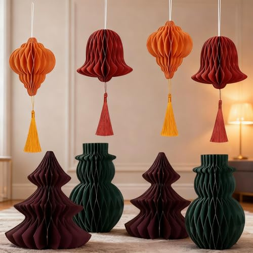 SUNBEAUTY 8 Stück Weihnachtsbaum Deko Grün Papier Ornamente Rot mit Quasten 3D Papier Weihnachtsbaum Papierwaben Tischdeko Weihnachten Wiederverwendbar Christmas Tree Decorations
