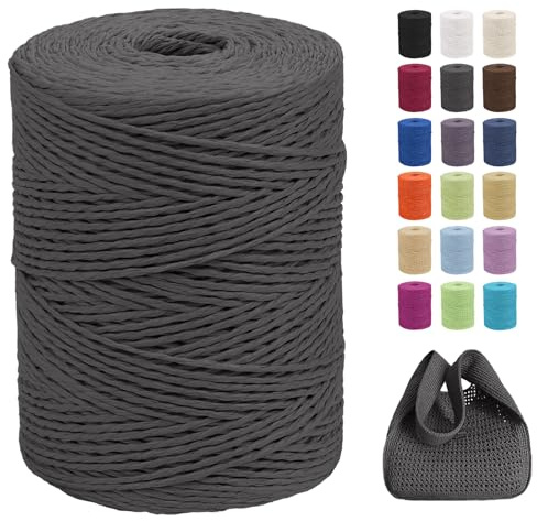 CAMAL Raffia Garn zum Häkeln Von Taschen, 2mm x 300m Geflochten Raffia Papierdraht Weich Raffia Bastgarn Bast zum Stricken Tasche, Strandmütze, DIY Handarbeiten (Tiefes Grau)