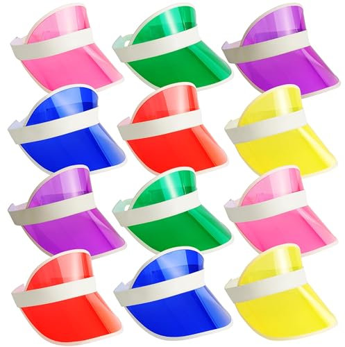 Bramble - 12 Unisex Neon Sun Visor Hats Bright Assorted Colours - for Sports, Pub Golf, 80s Fancy Dress, Festivals, Stag Do, Hen Party Accessories