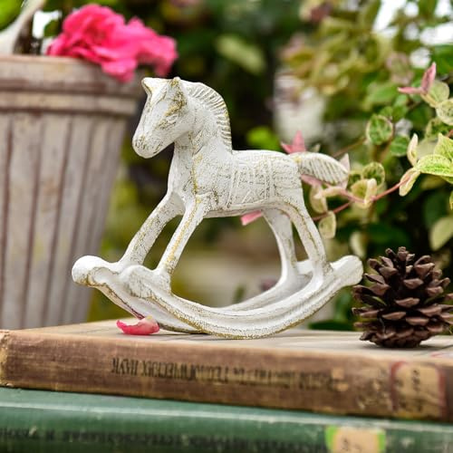 Sungmor Schaukelpferd-Statue aus Gusseisen, Vintage-Stil, rustikales Weiß | Vintage Sammelfigur, dekorativer Briefbeschwerer, kleines Pferd, Nostalgie, Weihnachtsdekoration