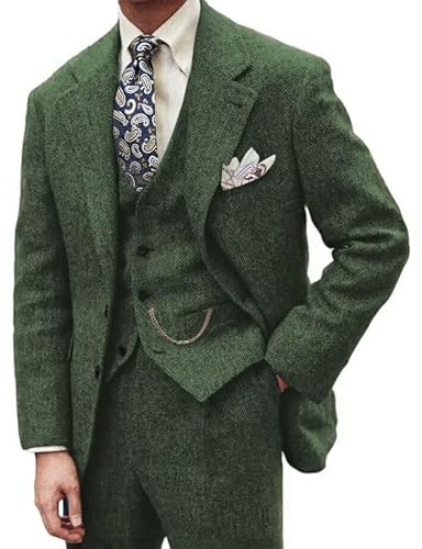 BONOW Herrenanzug aus Tweed, schmale Passform, 3-teilig, Fischgrätenmuster, Herrenanzug, Hochzeitsanzug, Bräutigam, Smoking, Abschlussball, Jacke, Weste, Hose, Grün , L