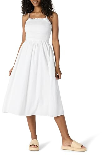 Amazon Essentials Abito con Corpetto Ricamato a Punto Smock in Raso di Cotone, vestibilità Classica Donna, Bianco, M