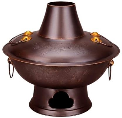 Chinese Hot Pot Charcoal Hot Pot with Chimney Vintage Copper Shabu Shabu Pot for 3-12 People Home Party Hotpot Cooker Cookware Hot Pot (Brass-34cm