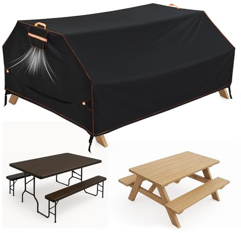 GARPROVM Housse Table de Jardin, Housse Table Pique-Nique Imperméable en Tissu Oxford 420D, Protection Extérieure Anti-UV et Coupe-Vent avec Sangles Réglables, pour Table 6 Pieds (Noir, 193x157x76cm)