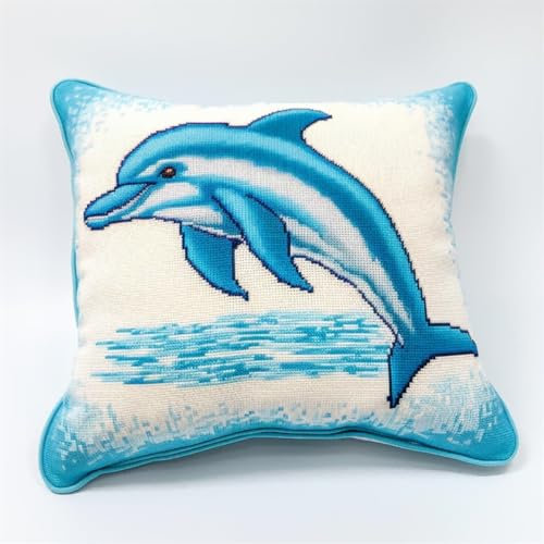 RKFLGEW DIY Knüpfkissen Set Cartoon-Delfin-Tier Diy-Kreuzstich-Sofakissenbezug Mit Knüpfwerkzeug，Passend Für Jugendliche Und Erwachsene. Knüpfhaken-Kissenbezug-Set 43x43cm