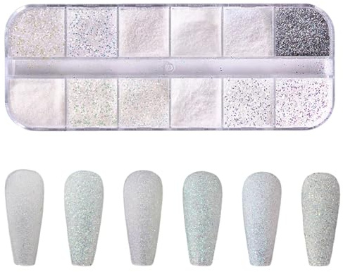 Weißer Perlchrom Nagelpuder, Pigmente Nagel Metallic Mirror Glitzer Glitzerpuder, Schimmernder Effek Diamant Nägel Glitzerpulver für Nagelkunst DIY Dekorationen (12 Colors)