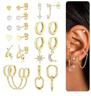 Adramata 10 Paar Ohrringe Gold Set Edelstahl Ohrringe für Damen 14K Vergoldete Ohrring Creolen Gold Silber Ohrring Hängend Hypoallergen Ohrstecker Set Damenohrringe Silber Helix Piercing Or