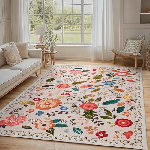Wohnzimmerteppich Vintage Blumenmuster 6mm Ultradünn, 160x220cm, Beige Rosa | Waschbarer Teppich, Rutschfest, Weiche, Groß Teppiche für Wohnzimmer Schlafzimmer Bauernhaus Esszimmer und Kinderzimer