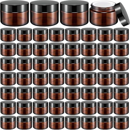 60Pcs 30ml Amber Glass Jars with Lids, Small Containers with Lids Round Amber Empty Cosmetic Jars Refillable Cream Jar for Lotions, Sample, Powder, Bath Salts