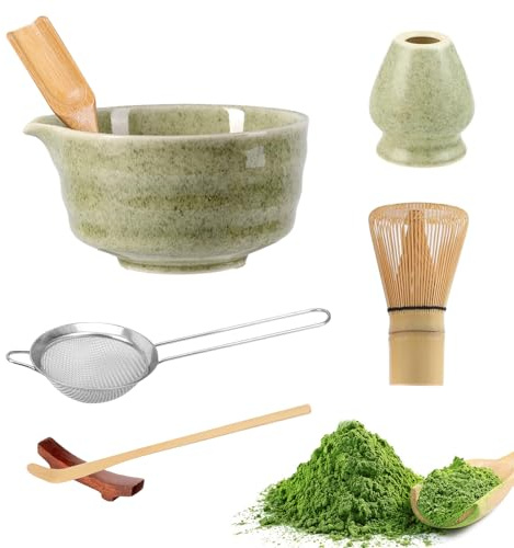 Puniama 7PCS Matcha Whisk Set - Traditional Matcha Kit with Ceramic Bowl, Bamboo Whisk, Sifter, Scoop, and Spoon Holder - Japanese Tea Ceremony Tools for Matcha Latte, Breakfast, or Gift Giving