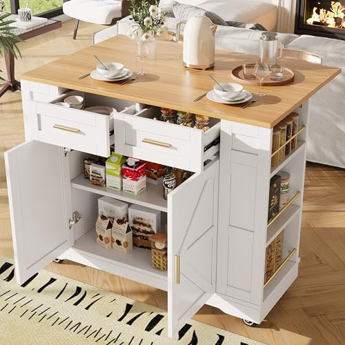 Huayz Isola della cucina con piano di lavoro pieghevole, carrello da cucina mobile con 2 ante e 2 cassetti, armadio a buffet, tavolo da pranzo multifunzione con spazio di archiviazione, per cucina e