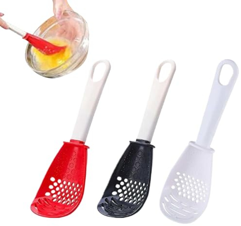 Juego de 3 cucharas de cocina multifuncionales con función de colador y espumadera | rallador de ajos manual y prensador de patatas para gastronomía, hogar, panaderías, cantinas