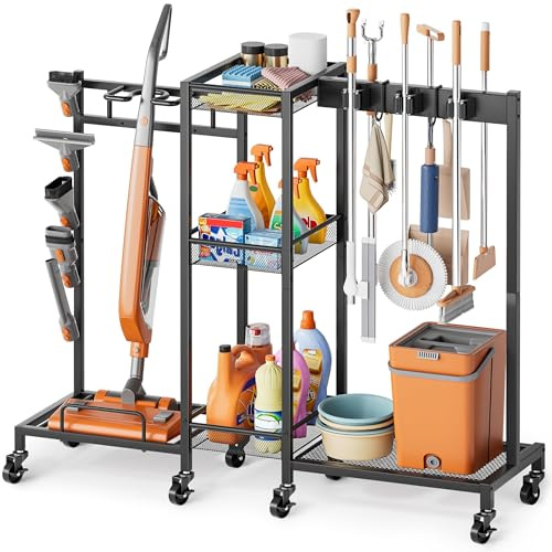 Soporte para Escoba y Organizador de Productos de Limpieza, Carro de Limpieza con Ruedas y Armario, Carrito para Escoba y Fregona con Soporte de Aspiradora, Carro Multiusos para Hogar y Lavandería