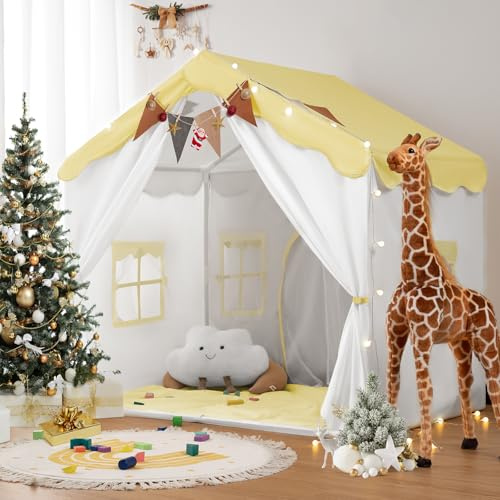 2 in 1 Tenda per Bambini besrey, Tenda Casetta da Gioco con 2 Porte e 4 Finestre, Tenda da Gioco per Bambini Interni ed Esterni con Tappetino Imbottito, Luci Fatate e bandierine (Giallo)