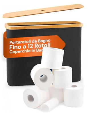 Avilia - Porta Carta Igienica in Tessuto Nero con Coperchio in Bambù Naturale, Design Elegante e Compatto per Accessori Bagno, Facile da Spostare e da Pulire, Capienza fino a 12 Rotoli