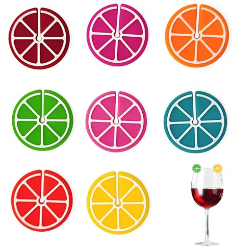 8 Silicone Wine Glass Charms, Lemon Slice Drink Markers, Mixed Designs | Reusable Citrus Limon Slice-Inspired Design Glass Charms, Fun Identification Labels for Parties and Everyday Use.