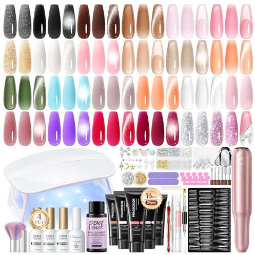 PEACECOLOR 51-delars nagelförlängningsset komplett med UV-lamp och nagelfil, 24 färger 16 ml nagelgel, nageluppbyggnad med matt och glans lack, semipermanent kattsöga-effekt