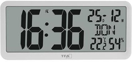 TFA Dostmann Orologio da parete digitale, 60.4525, grande, radicontrollato, moderno, con clima ambiente, data e giorno della settimana (anche in italiano), con grandi numeri per gli anziani, bianco