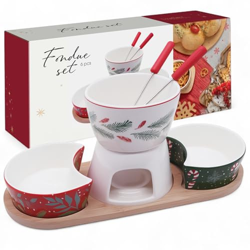 MIJOMA Fondue-set i 6 delar – porslinsfondue med 2 gafflar, 2 skålar och träbricka – vinterdekoration och serveringsset för festliga stunder av njutning