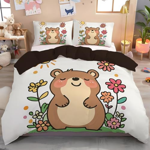 Copripiumino Microfibre 200 X 200 Cm Castoro Dei Cartoni Animati Set Copripiumino Morbido Ipoallergenico, Biancheria Da Letto Bianco Stampe Animali Carini 3 Pezzi Con 2 Federe 50X80 Cm