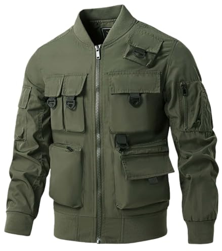 Militär taktisk jacka för män, bomberjacka med flera fickor, lätt vardaglig vår höst vindjacka, Armégrönt, XL
