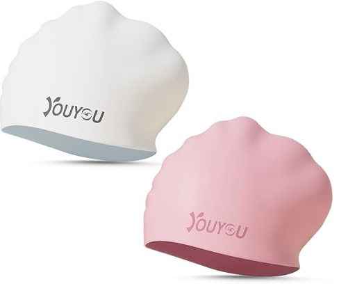 Confezione da 2 tappi da bagno in silicone per capelli lunghi, grandi cappelli da bagno impermeabili per donne, uomini e adulti con capelli spessi o ricci, comodi cappelli da bagno 3D