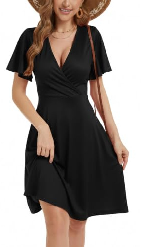 Oyamiki Summer Dresses for Women V Neck Sundress Casual Floral Beach Wrap Ruffle Short Sleeve Dress with Pockets