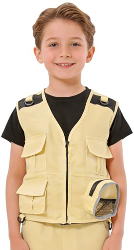 Wildarms Kids Explorer Cargo Vest Costume - Safari Party Role Play Camping Fishing, Dress Up Party Favors (Beige, 7-9)