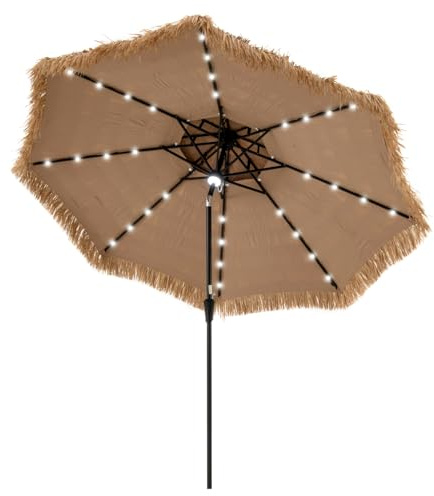 COSTWAY Ombrellone di Paglia in PE 290 cm, con 32 Luci LED, Manovella, Inclinazione Regolabile, Ombrellone Hawaiano da Spiaggia con 8 Stecche (290 cm/32 Luci)