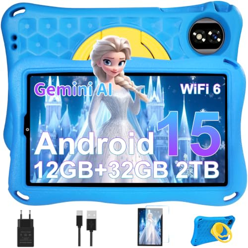 Tablet Para Niños 9 Pulgadas Android 15 Gemini AI, 12GB RAM+32GB ROM(TF 1TB),Octa-Core, 5G WiFi 6, GMS Certified, BT 5.0, 8+5MP, 5000mAh,Widevine L1,BT5.0,Control Parental Tablet con EVA Funda-Azul