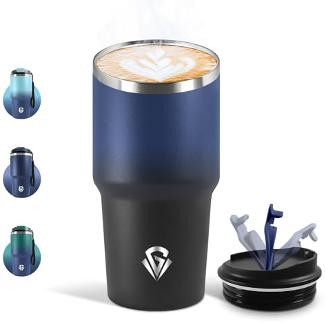 Motswedi Termo Cafe 600 ML, Reutilizables, Vaso Termico Cafe Antigoteo para Coche, Acero Inoxidable 304, Taza Termica Para Llevar, Termo Café Hermético - Azul marino & Negro