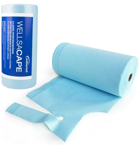 Wellsamed wellsacape Patientenumhang Blau, Kleidungsschutz, Kittel Schürze Latz Einweg, 2-lagig, 1 Rolle à 80 Stück, 54 x 60 cm
