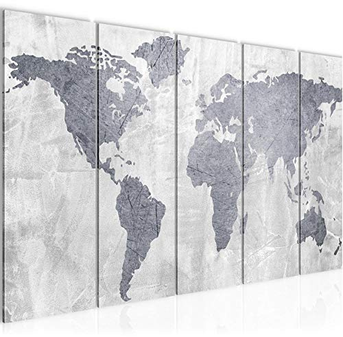 Runa Art Väggmålning XXL Världskarta 200 x 80 cm Grå 5 Delar - Made in Germany - 104355c