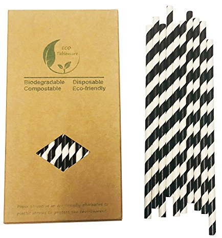 Disposable Black and White Striped Paper Straws, 100 Pack Black Stripes Drinking Straw for Cake Pop Sticks, Cocktail, Coffee, Juices