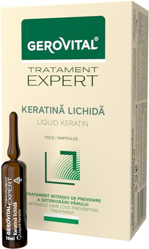 Vials with Liquid Keratin – Intensive Repair Treatment for Damaged, Dry or Thin Hair, Anti-Fall & Anti-Dandruff, Strengthening Care, 10 Ampoules x 10ml Gerovital Tratament Expert