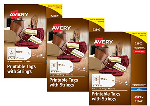 AVERY 2 x 3.5 Printable Tags, 288 Tags (3 Pack), Inkjet Only, Matte White, With Strings, Sure Feed Technology