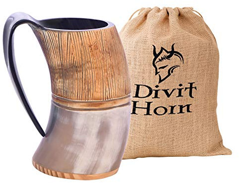 Boccale Vichingo in Corno Autentico Divit | Boccale con coperchio per birra autentico e medievale | capienza di 700 ml (24 oz) | Boccale in corno della migliore qualità (Jarl, Polished)